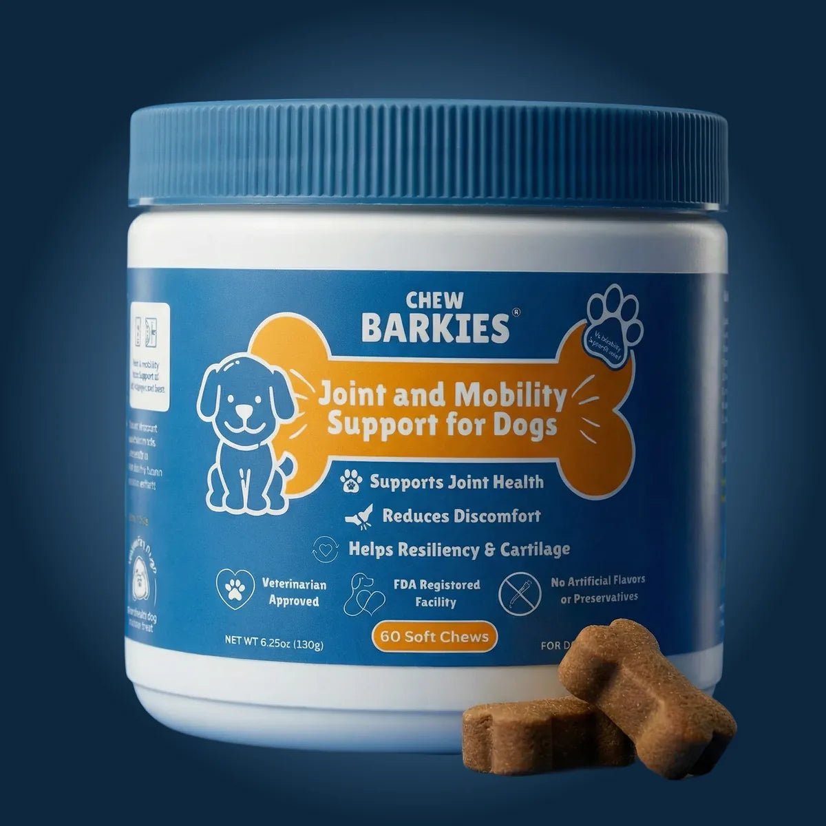 A tub of Chew Barkies Joint and Mobility Support for Dogs with two soft chews, on navy.