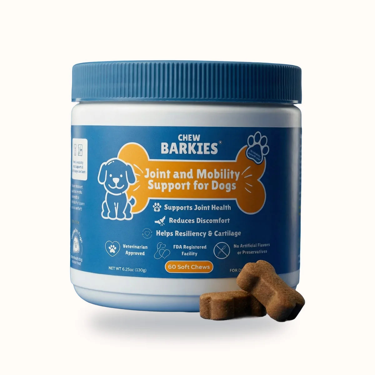 A tub of Chew Barkies with two soft chews in front of it.